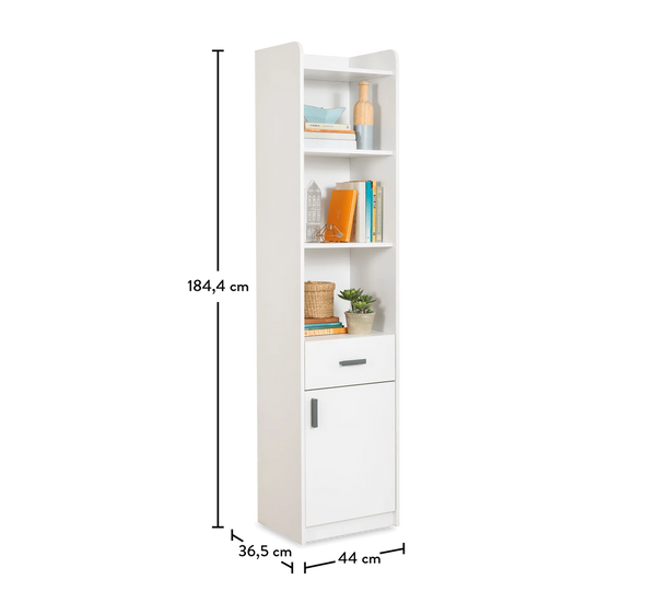 Weißes Bücherregal mit Schubladen