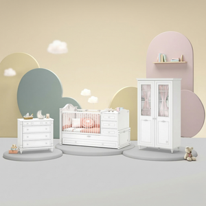 Habitación completa Baby Romantic: cuna convertible, armario de 2 puertas y cómoda con espejo + colchón de regalo