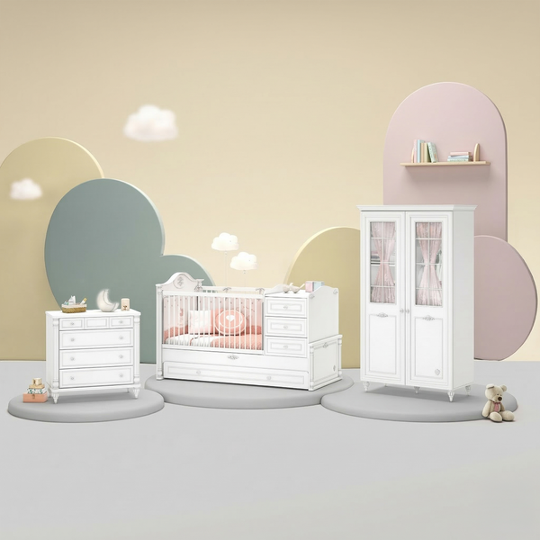 Habitación completa Baby Romantic: cuna convertible, armario de 2 puertas y cómoda con espejo + colchón de regalo