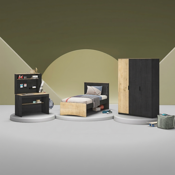 Dormitorio completo Black: Cama, Armario 3 Puertas Line y Escritorio con Unidad + Colchón de Regalo