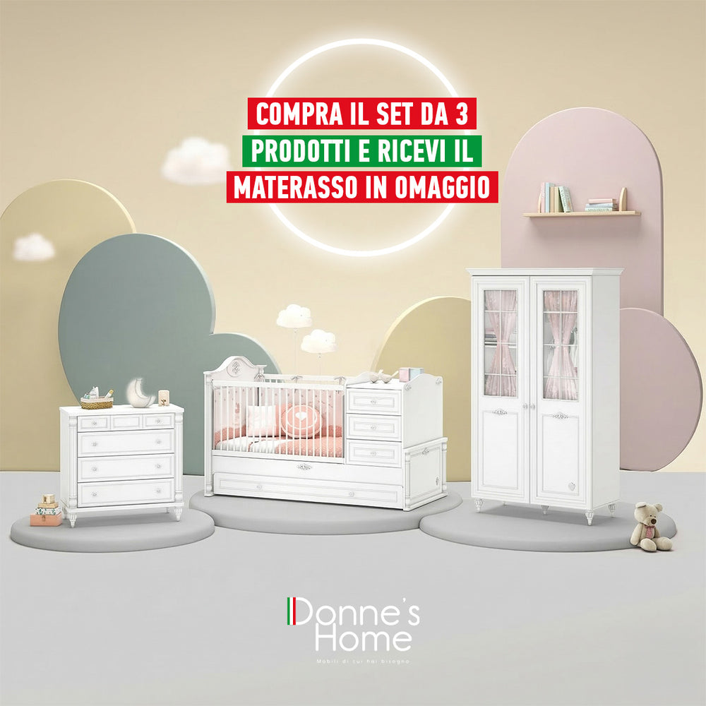 Cameretta Completa Neonato Baby Romantic + Materasso OMAGGIO: Lettino Trasformabile, Armadio e Comò 