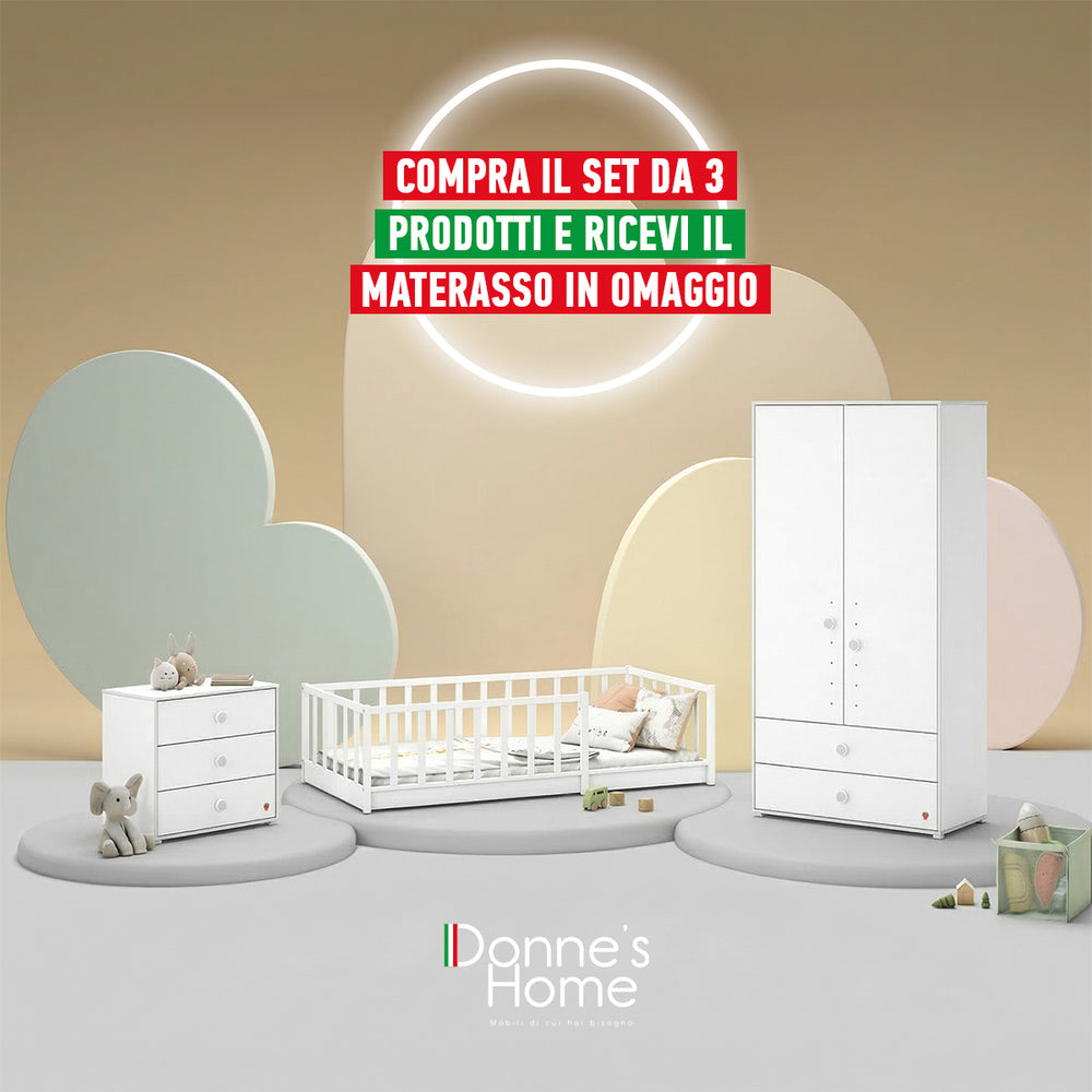 Cameretta Completa Neonato Montes Baby White + Materasso OMAGGIO: Letto Daybed, Armadio e Comò 