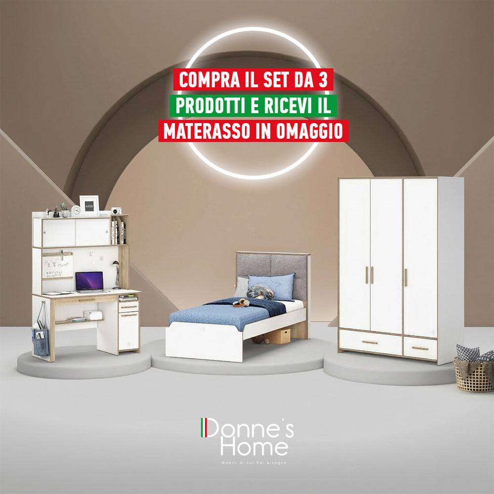 Cameretta Completa Ragazzi Modera + Materasso OMAGGIO: Letto Imbottito, Armadio e Scrivania