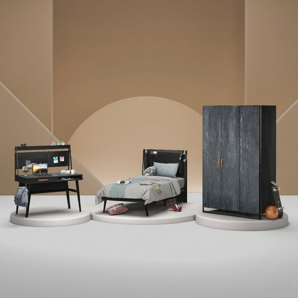 Dormitorio Completo Dark Metal: Cama Line (100x200), Armario 3 Puertas y Escritorio con Módulo + Colchón de Regalo