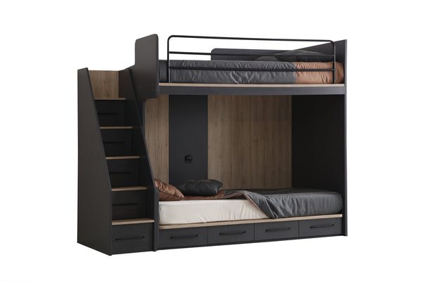Modern Bunk Bed with Storage Ladder - Anthracite and Wood (100x200)