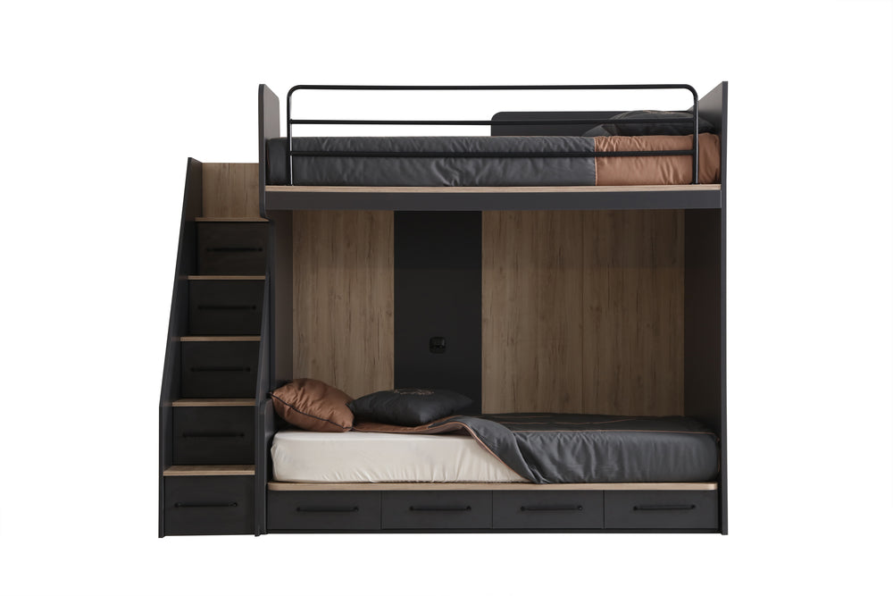 Letto a Castello Moderno con Scala Contenitore - Antracite e Legno (100x200)