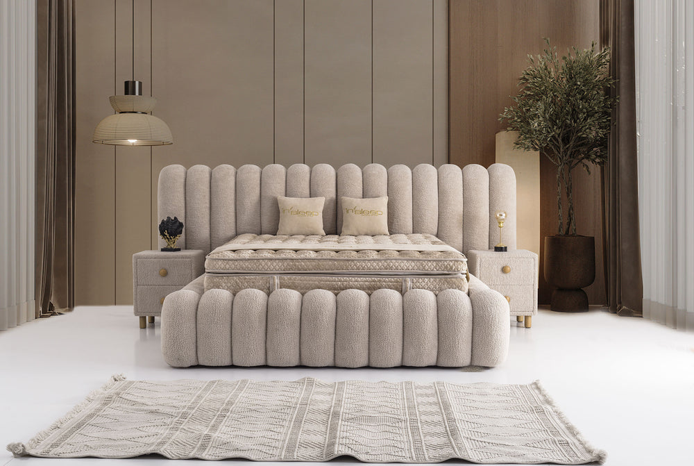 Letto Matrimoniale Marsel in Tessuto Bouclé con Effetto Nuvola