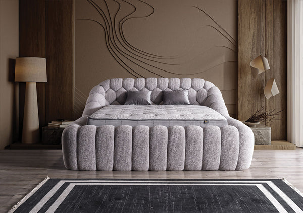 Letto Matrimoniale Graz in Tessuto Bouclé con Design a Coste