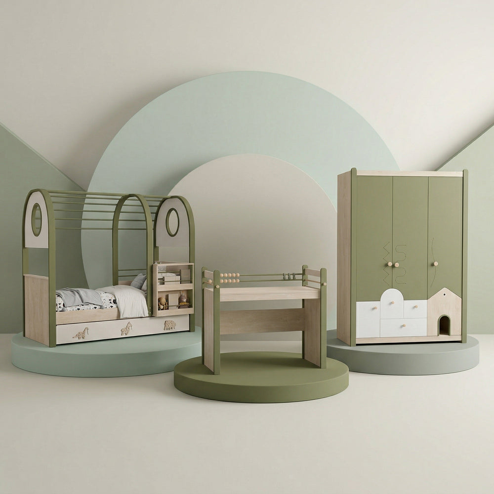 Camera Completa Joy Montessori: Letto Casetta, Armadio 3 Ante con Tetto e Scrivania + Materasso in Omaggio