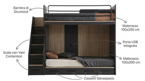 Modern Bunk Bed with Storage Ladder - Anthracite and Wood (100x200)