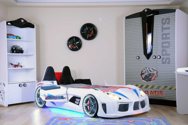 MVN 3 Autobett mit LED und Sounds - (Schwarz/Weiß/Rot/Blau)