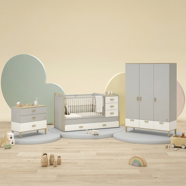 Dormitorio Completo Bebé Mino: Cuna Convertible con Cama Nido, Armario de 3 Puertas y Cómoda + Colchón de Regalo