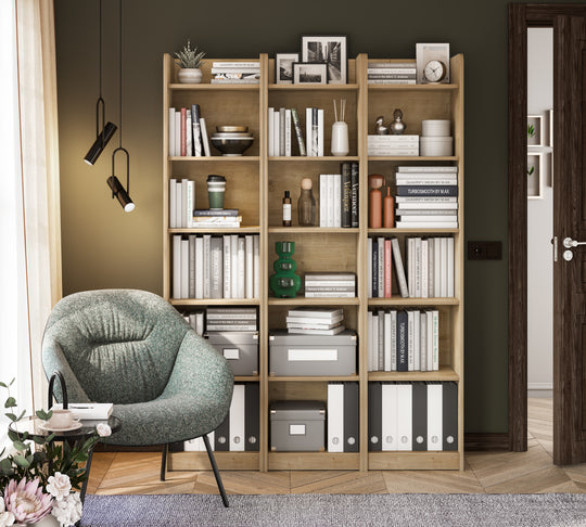 Mocha Bookcase 44x186 cm with 2 Shelves, 2 Drawers, Compartment with Lid and Wall Mounting