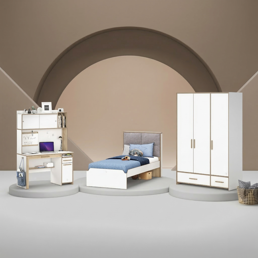 Camera Completa Modera: Letto Imbottito (100x200), Armadio 3 Ante e Scrivania con Unità + Materasso in Omaggio