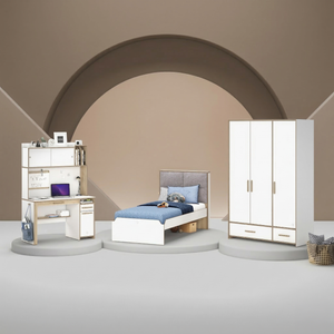 Camera Completa Modera: Letto Imbottito (100x200), Armadio 3 Ante e Scrivania con Unità + Materasso in Omaggio