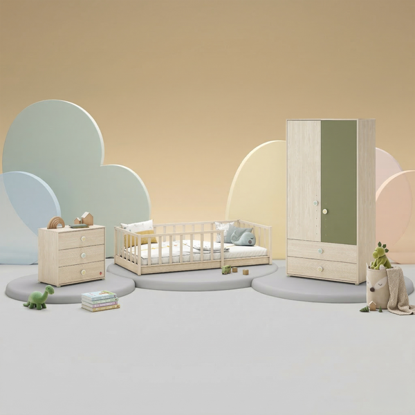 Camera Completa Montes Baby Natural: Letto Daybed (90x190), Armadio 2 Ante e Comò Piccolo + Materasso in Omaggio