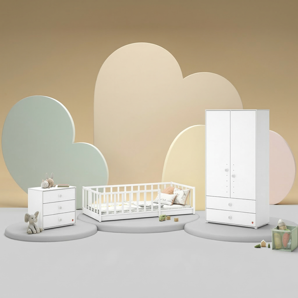 Camera Completa Montes Baby White: Letto Daybed (90x190), Armadio 2 Ante e Comò Piccolo + Materasso in Omaggio