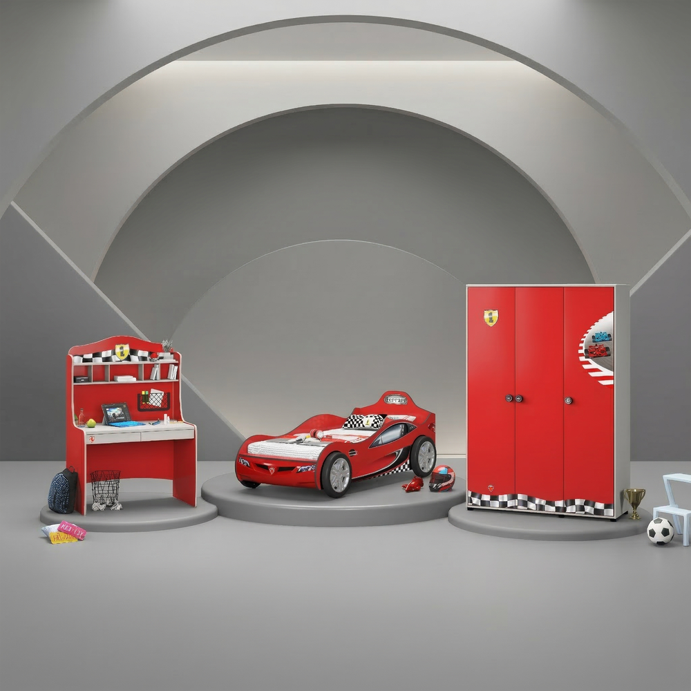 Camera Completa Racecup: Letto a forma di Macchina (90x190), Armadio 3 Ante e Scrivania con Unità + Materasso in Omaggio