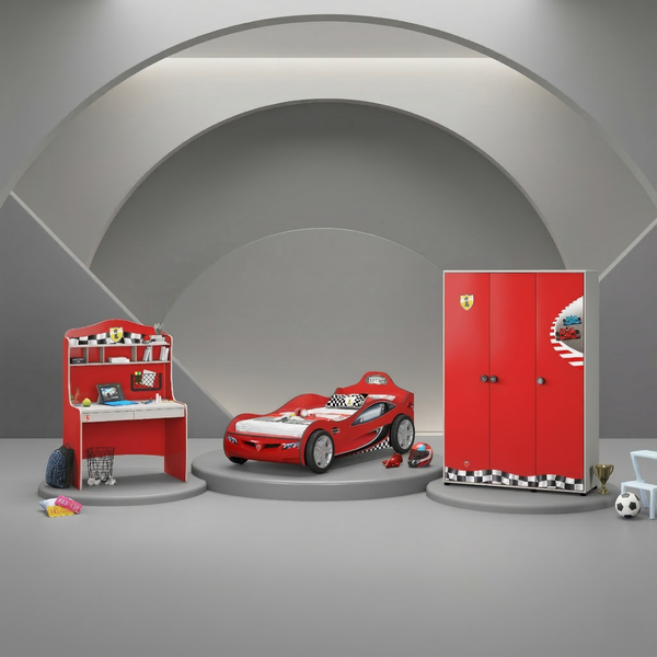 Camera Completa Racecup: Letto a forma di Macchina (90x190), Armadio 3 Ante e Scrivania con Unità + Materasso in Omaggio