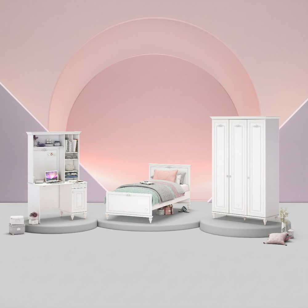 Camera Completa Romantica: Letto (100x200), Armadio 3 Ante e Scrivania con Unità + Materasso in Omaggio