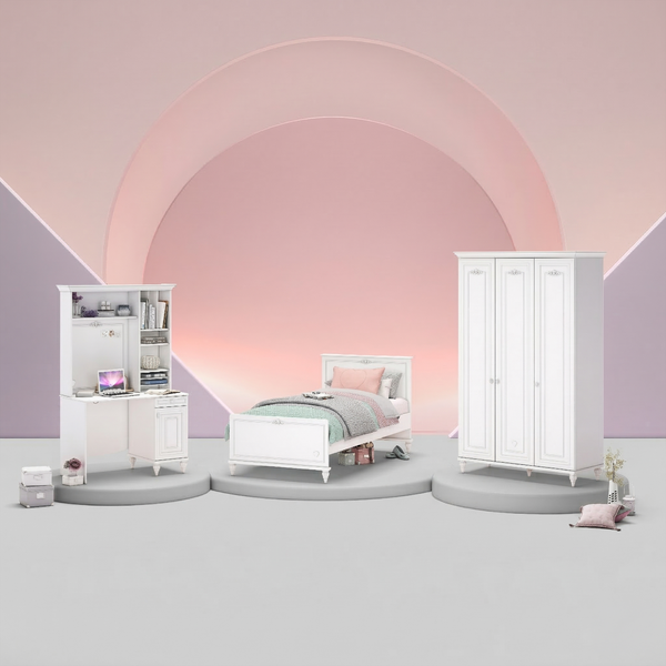 Camera Completa Romantica: Letto (100x200), Armadio 3 Ante e Scrivania con Unità + Materasso in Omaggio