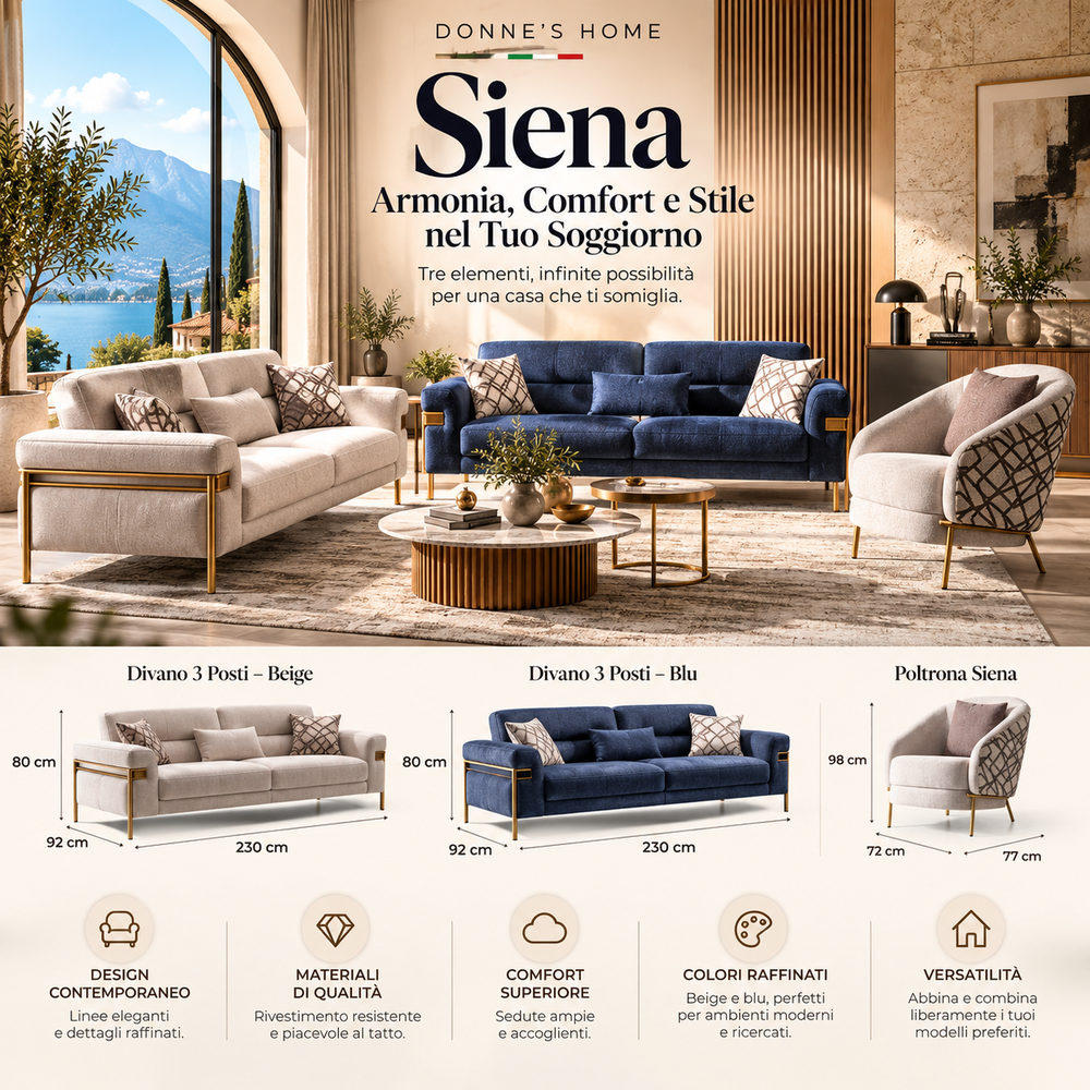 Sofá Moderno Siena de 3 Plazas y Sillones Azules - Elegancia y Espacio para tu Salón