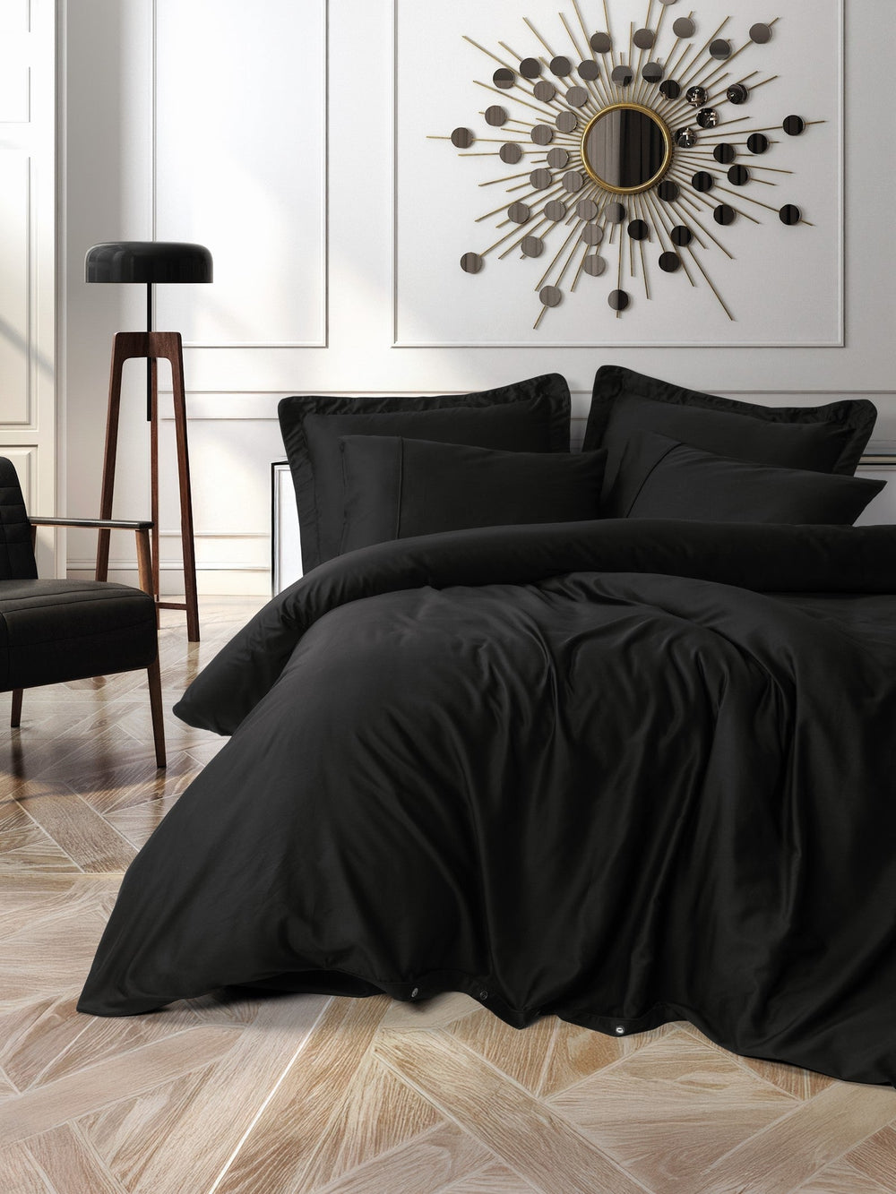 Silky Saten Matrimoniale Set Copripiumino Nero