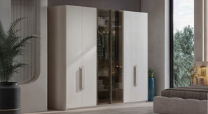 Traverta Armadio 6 Ante LED Interno, Soft-Close, Finitura Effetto Travertino