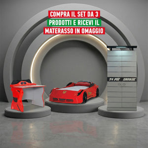 Habitación Completa Titi Garaje: Cama Coche, Armario de 2 Puertas, Armario de 1 Puerta, Cómoda y Escritorio + Cama de Regalo