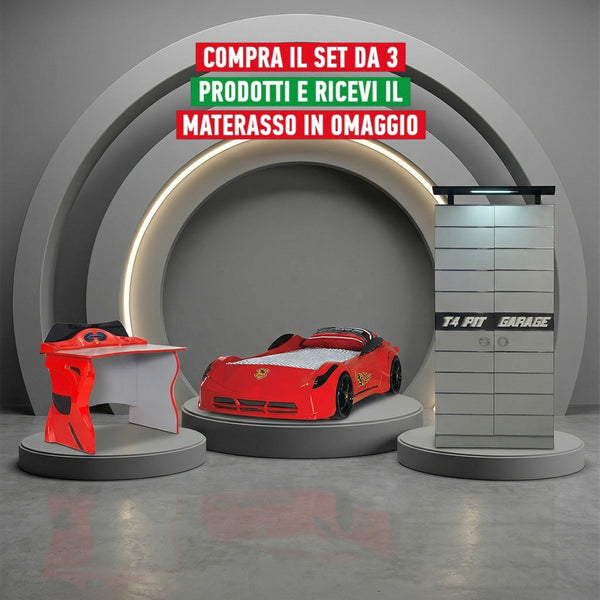 Habitación Completa Titi Garaje: Cama Coche, Armario de 2 Puertas, Armario de 1 Puerta, Cómoda y Escritorio + Cama de Regalo