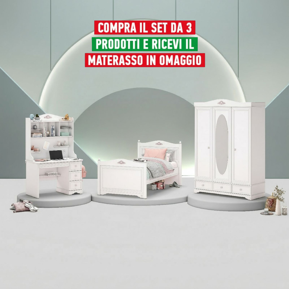 Cameretta Completa Rustik Bianco + Materasso OMAGGIO: Letto, Armadio e Scrivania