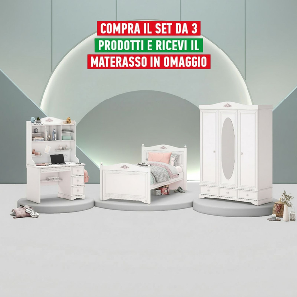 Cameretta Completa Rustik Bianco + Materasso OMAGGIO: Letto, Armadio e Scrivania