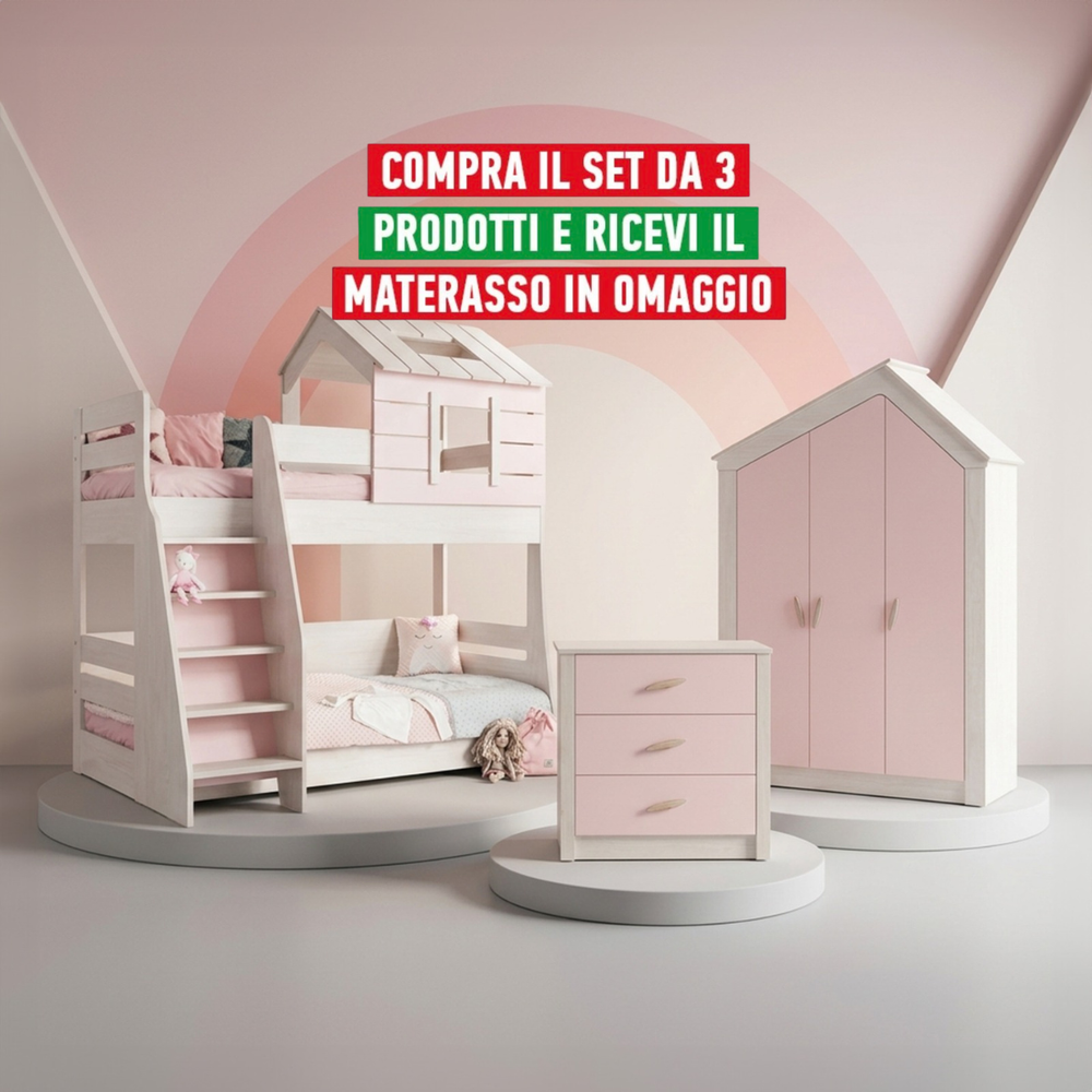 Camera Completa Pink House Castello: Letto a Castello, Armadio 3 Ante, Cassettiera e Materasso + 1 Materasso in Omaggio