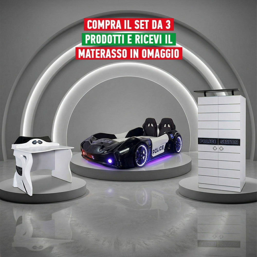 Camera Completa Police: Letto Auto, Armadio 2 Ante, Armadio 1 Anta, Cassettiera e Scrivania + Materasso in Omaggio
