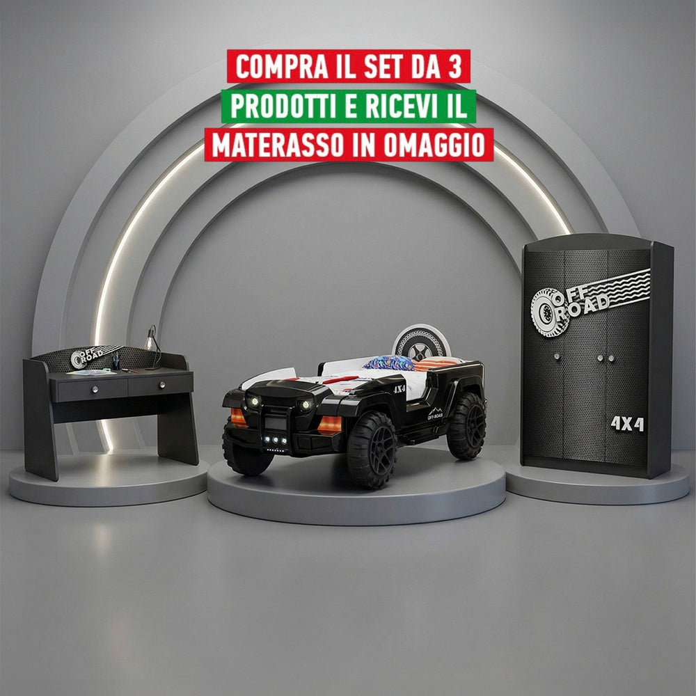 Camera Completa Off Road: Letto Auto Jeep LED, Armadio 3 Ante e Scrivania + Materasso in Omaggio