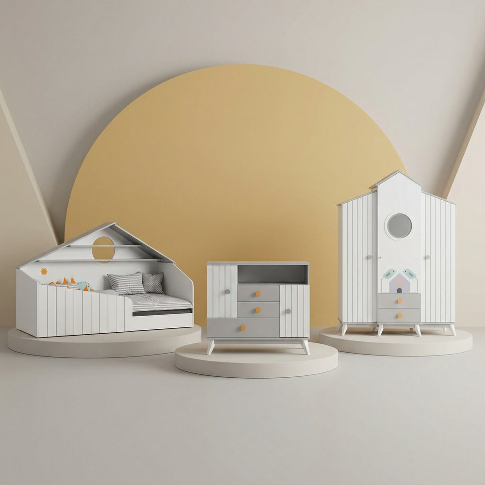 Camera Completa Bird House: Letto Montessori, Armadio 3 Ante e Comò + Materasso in Omaggio