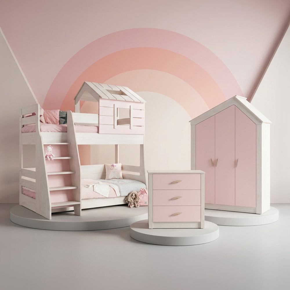 Camera Completa Pink House: Letto a Castello, Armadio 3 Ante e Cassettiera + Materassi in Omaggio