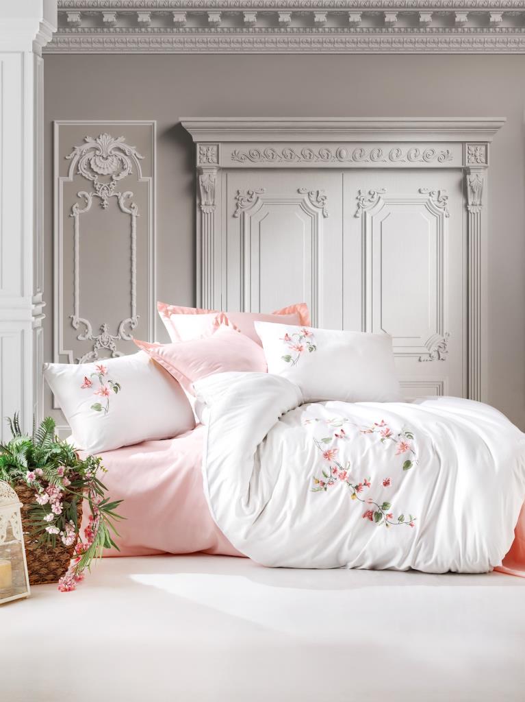 3D Ricamato Saten Matrimoniale Set Copripiumino Luna Cipria