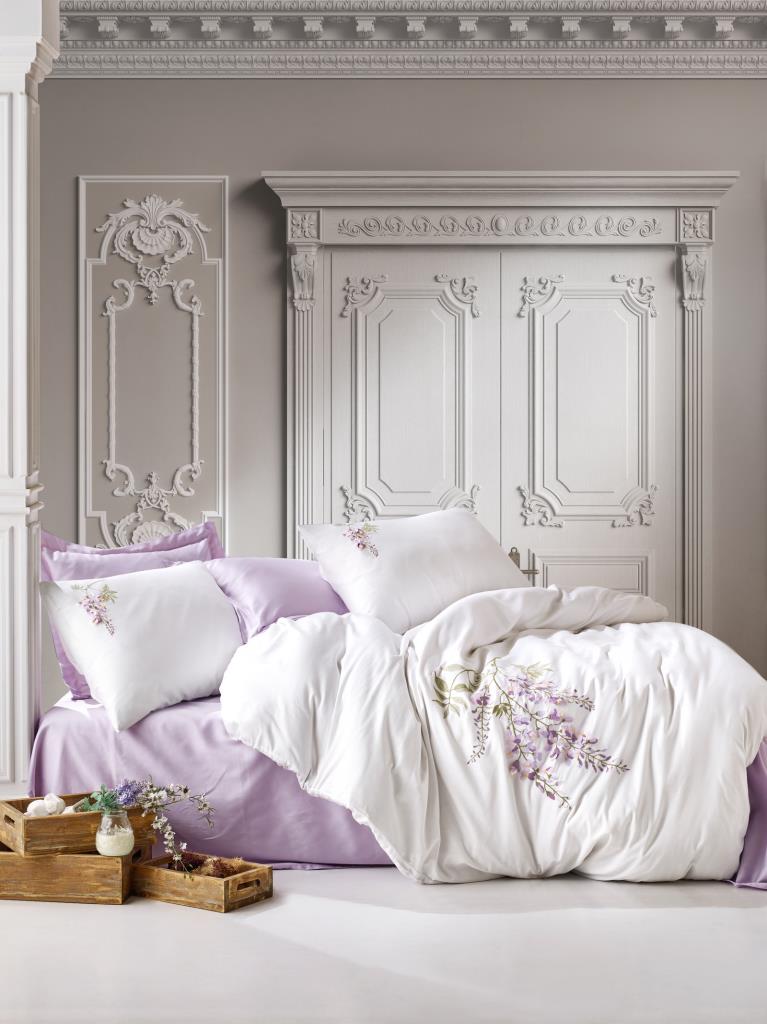 3D Ricamato Saten Matrimoniale Set Copripiumino Mita Lilla
