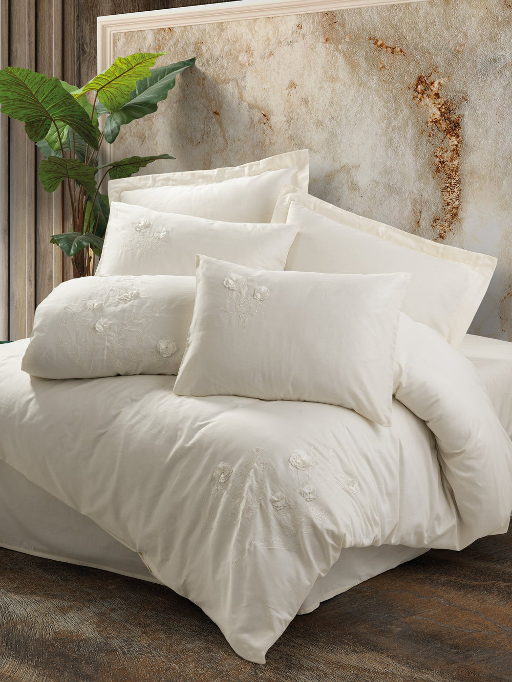 3D Ricamato Saten Matrimoniale Set Copripiumino Pure Ecru