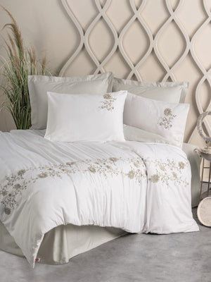 3D Ricamato Saten Matrimoniale Set Copripiumino Urian Beige