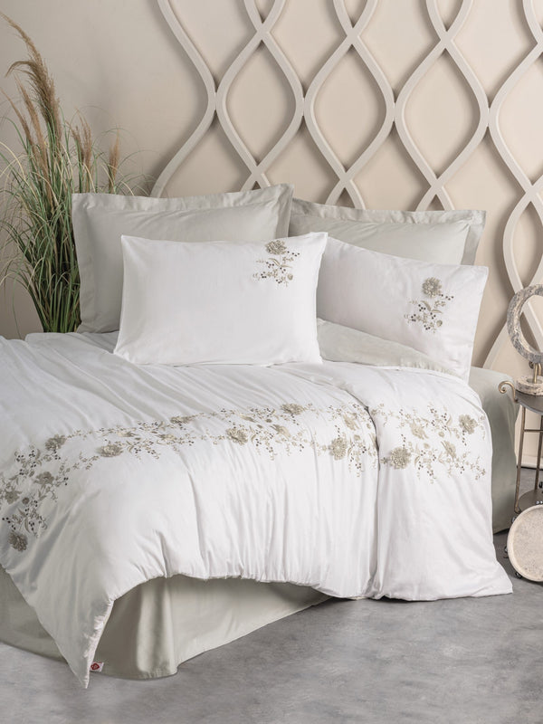 3D Ricamato Saten Matrimoniale Set Copripiumino Urian Beige