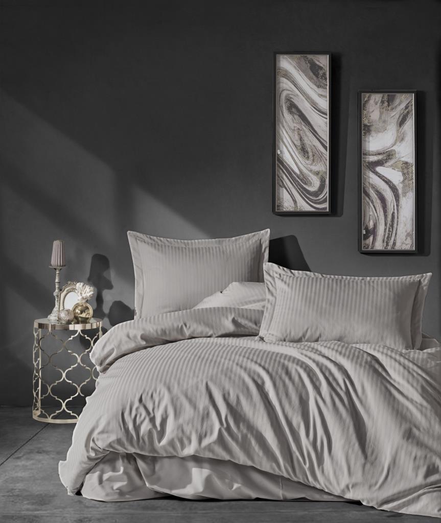 Elegant Stripe Saten Matrimoniale Set Copripiumino Beige