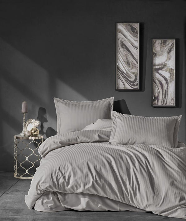 Elegant Stripe Saten Matrimoniale Set Copripiumino Beige