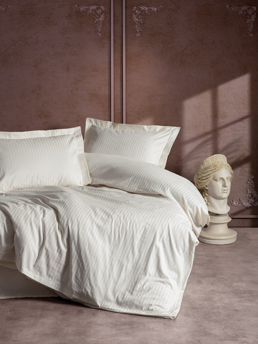 Elegant Stripe Saten Matrimoniale Set Copripiumino Ecru