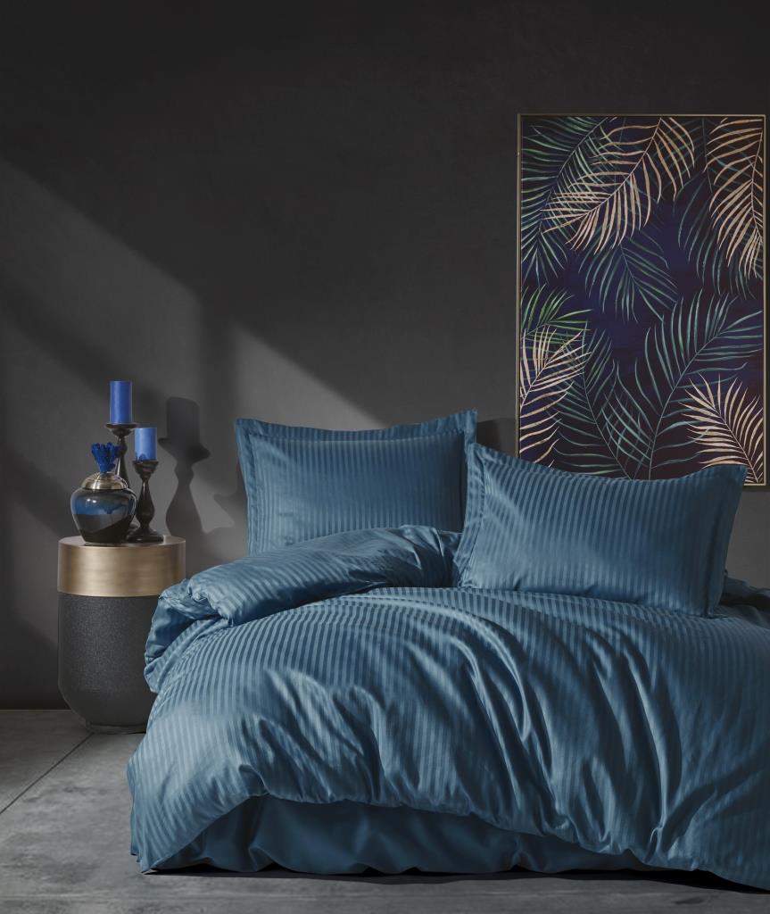 Elegant Stripe Saten Matrimoniale Set Copripiumino Blu