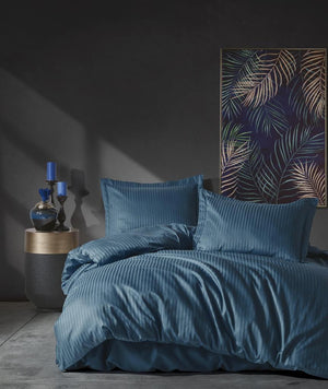 Elegant Stripe Saten Matrimoniale Set Copripiumino Blu