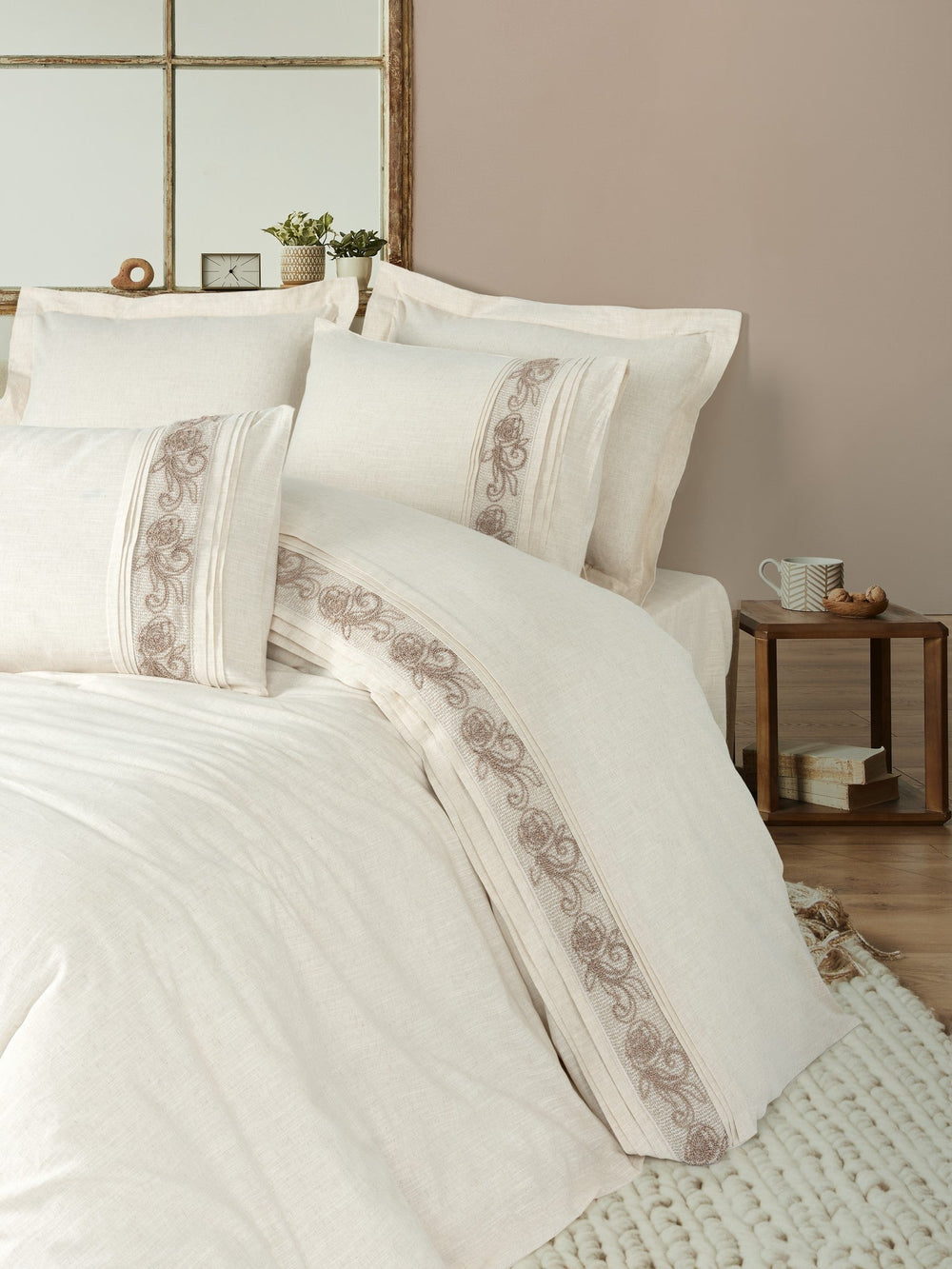 Inborn Matrimoniale Set Copripiumino Floro Beige