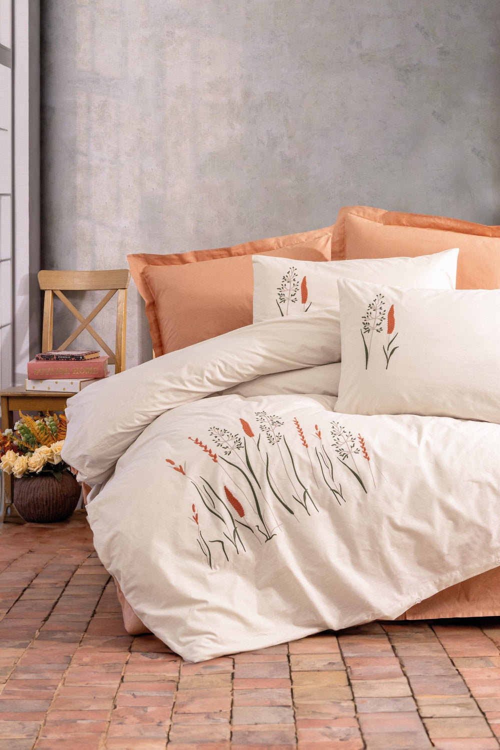 Ricamato Ranforce Matrimoniale Set Copripiumino Maia Caramello
