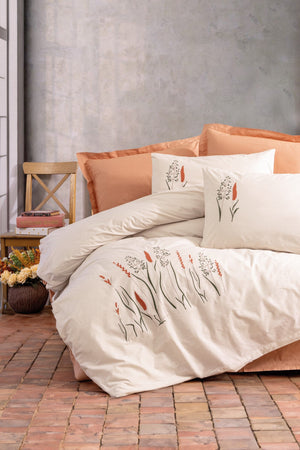 Ricamato Ranforce Matrimoniale Set Copripiumino Maia Caramello